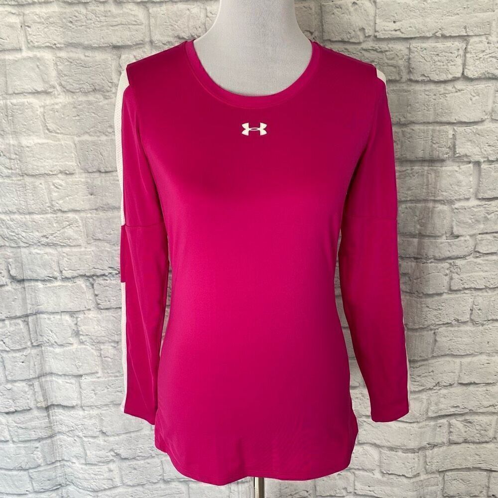 Under armour women XS fitted heat gear Longsleeve scoopneck top pink/white - Picture 1 of 10